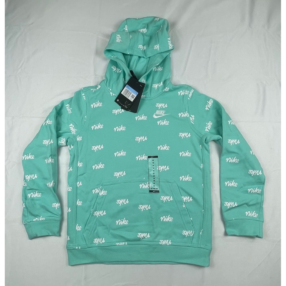 Nike Boys Sportswear Pullover Hoodie Teal Aqua All Over Logo Print DB3257-307 M